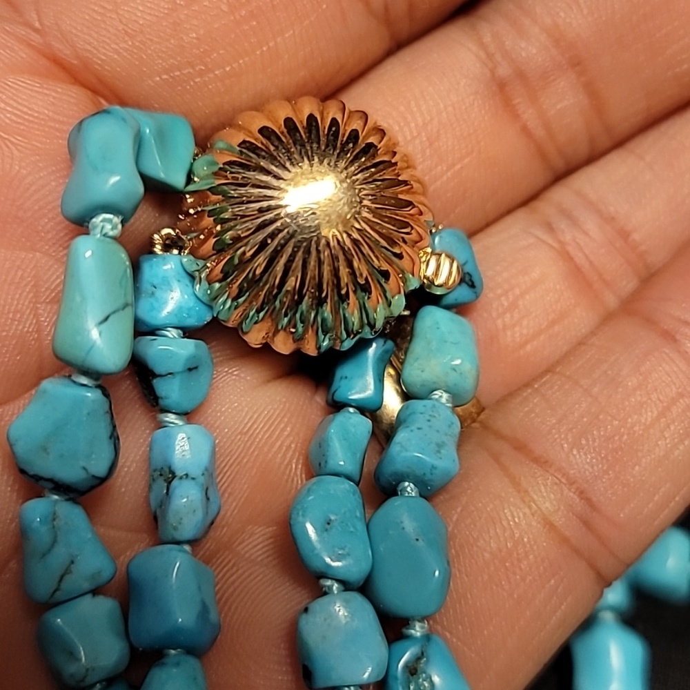 14k Vintage Turquoise Nuggets and Gold Beaded Necklace - Picture 3 of 11